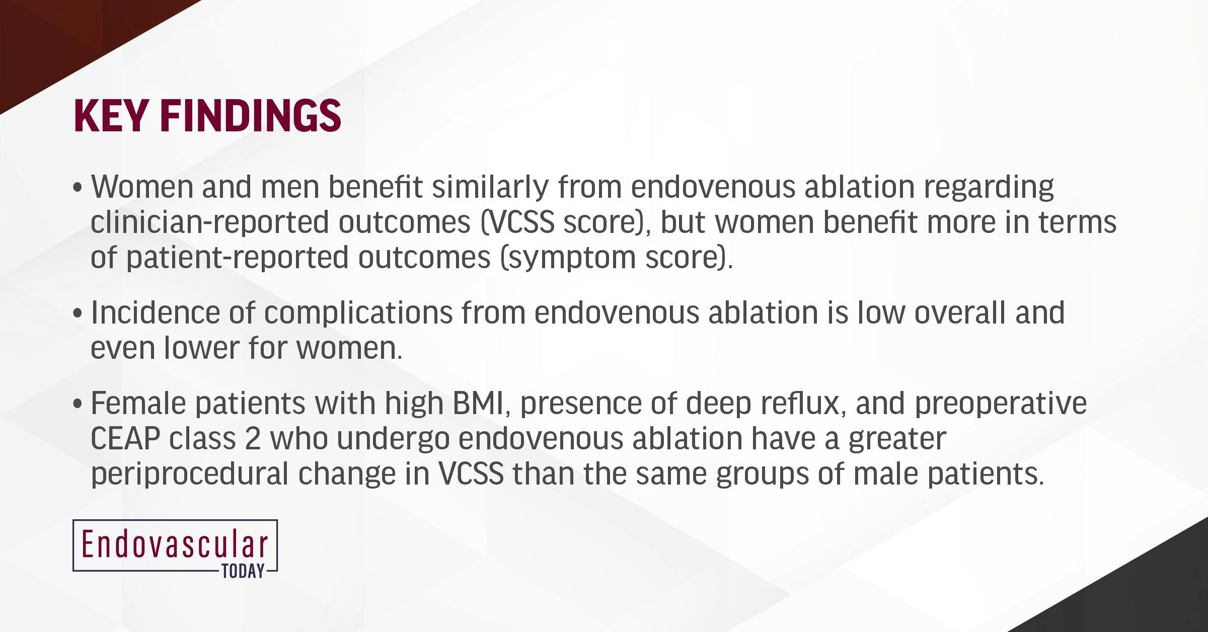 Association Between Sex And Clinician And Patient Reported Outcomes After Endovenous Ablation 